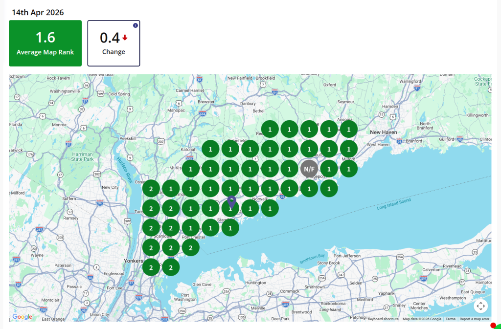 Local SEO geo-grid rank tracking tool showing Google Business Profile rankings across service area