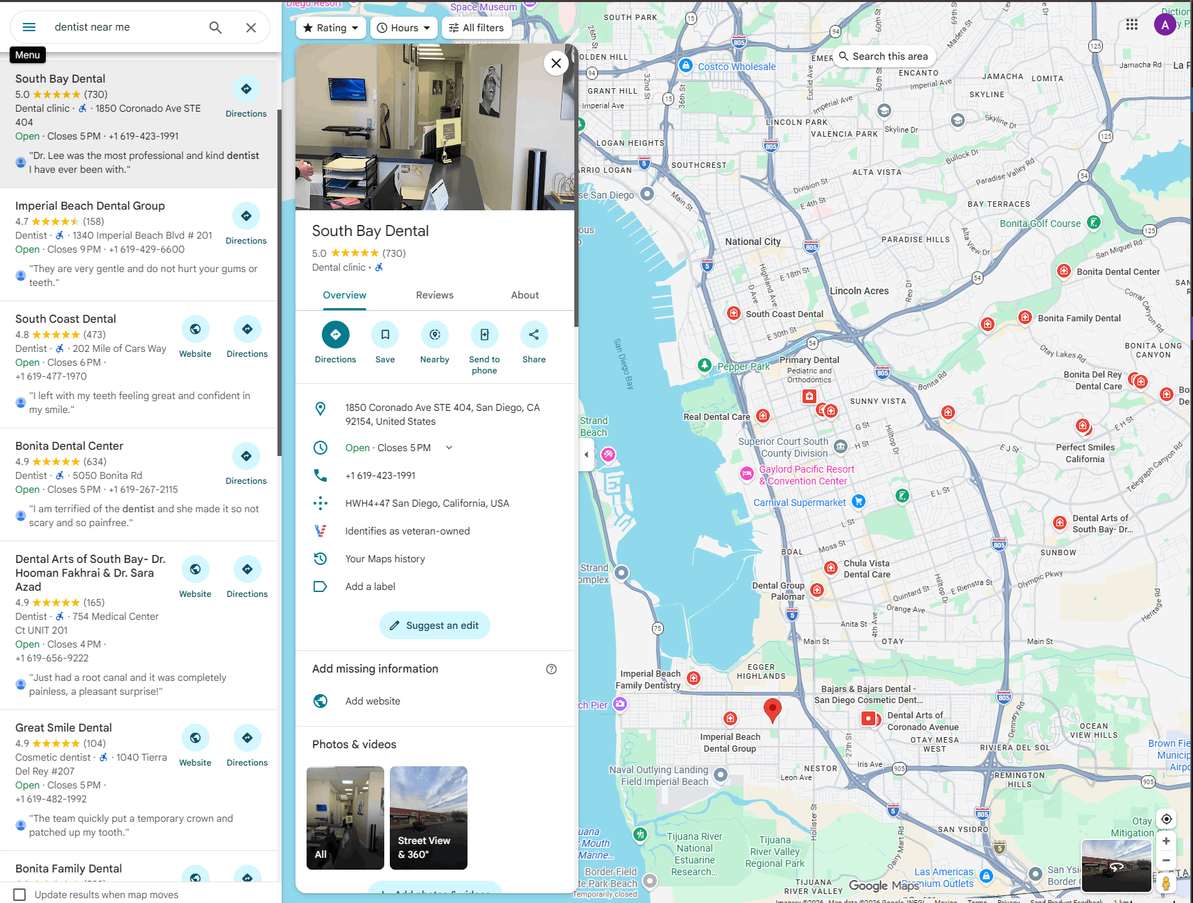 Google local pack results for dentists showing the top three ranked practices