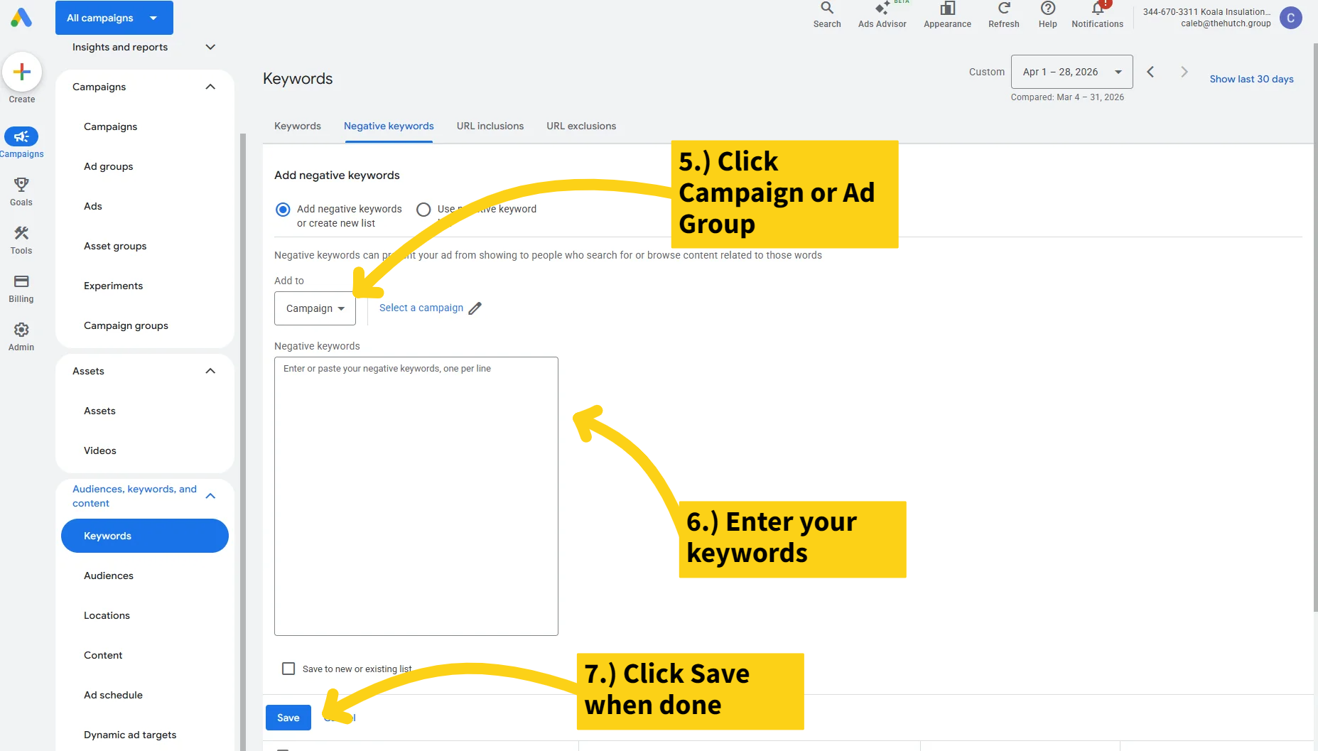 how to add negative keywords google ads interface