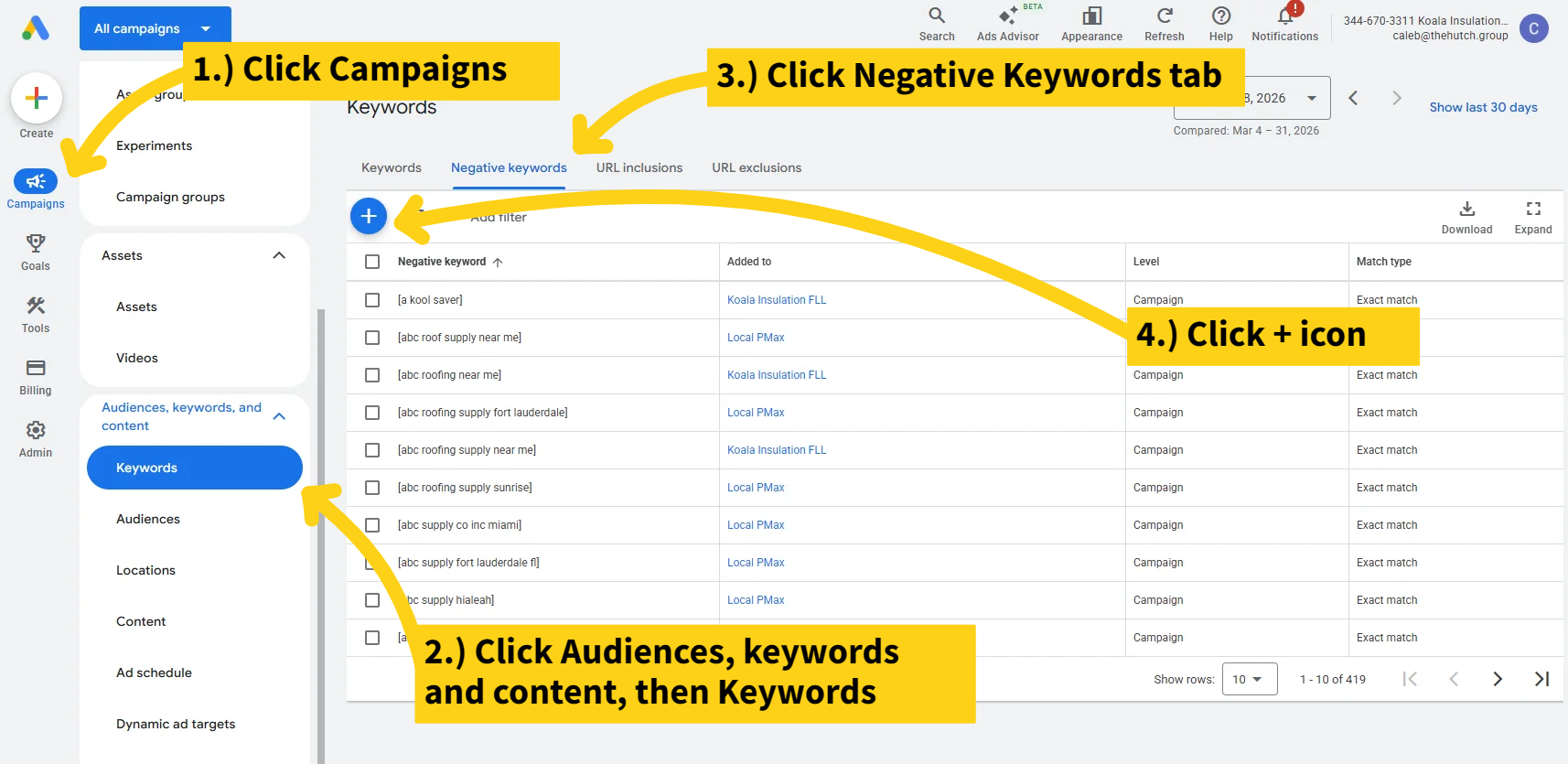 how to add negative keywords google ads interface