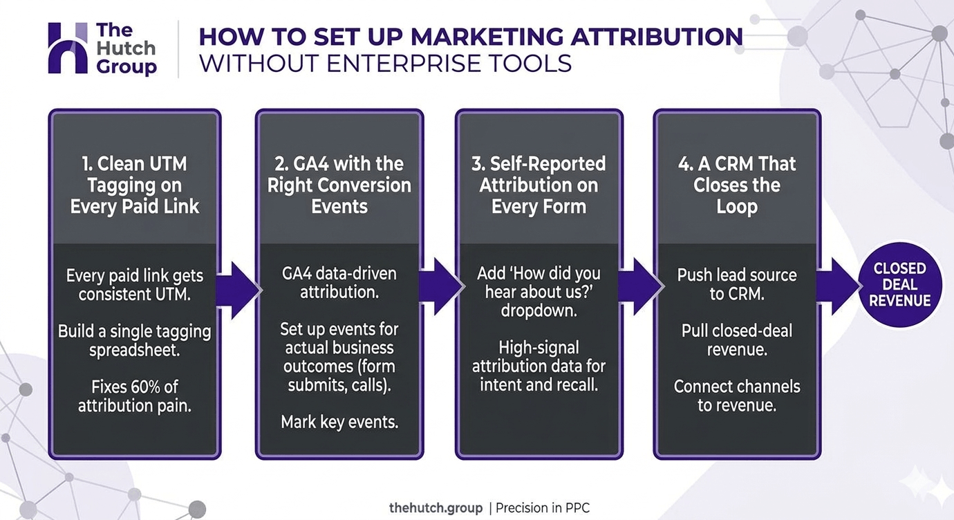 Four-step attribution setup showing a customer lead flowing from a paid ad through UTM tags into GA4 and a CRM.