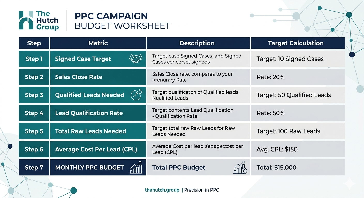 Worksheet for calculating a law firm's PPC budget based on signed-case goals