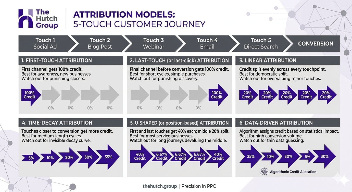 Comparison of six marketing attribution models assigning credit across the same five-touchpoint customer journey.