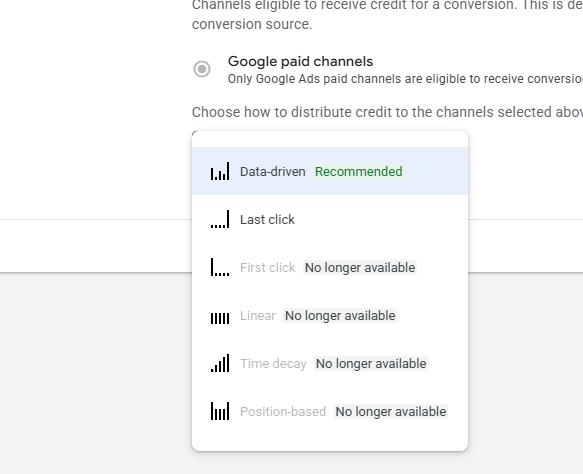 Google Ads and GA4 now only offer two attribution models: Data-driven (recommended) and Last click
