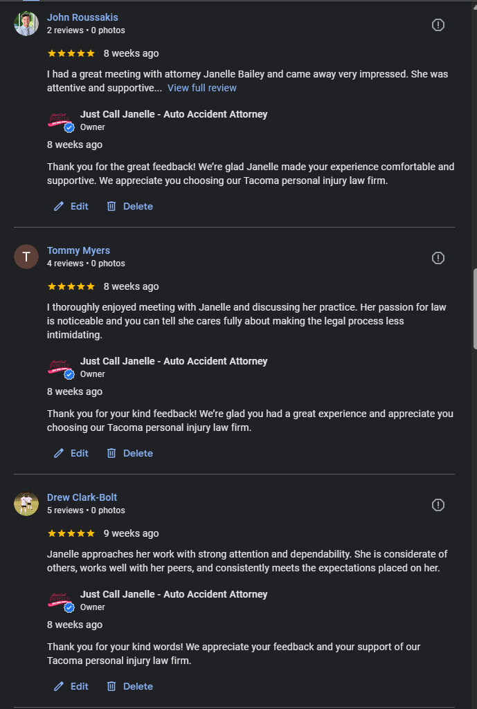 A law firm replying back to all it's reviews to help boost local pack