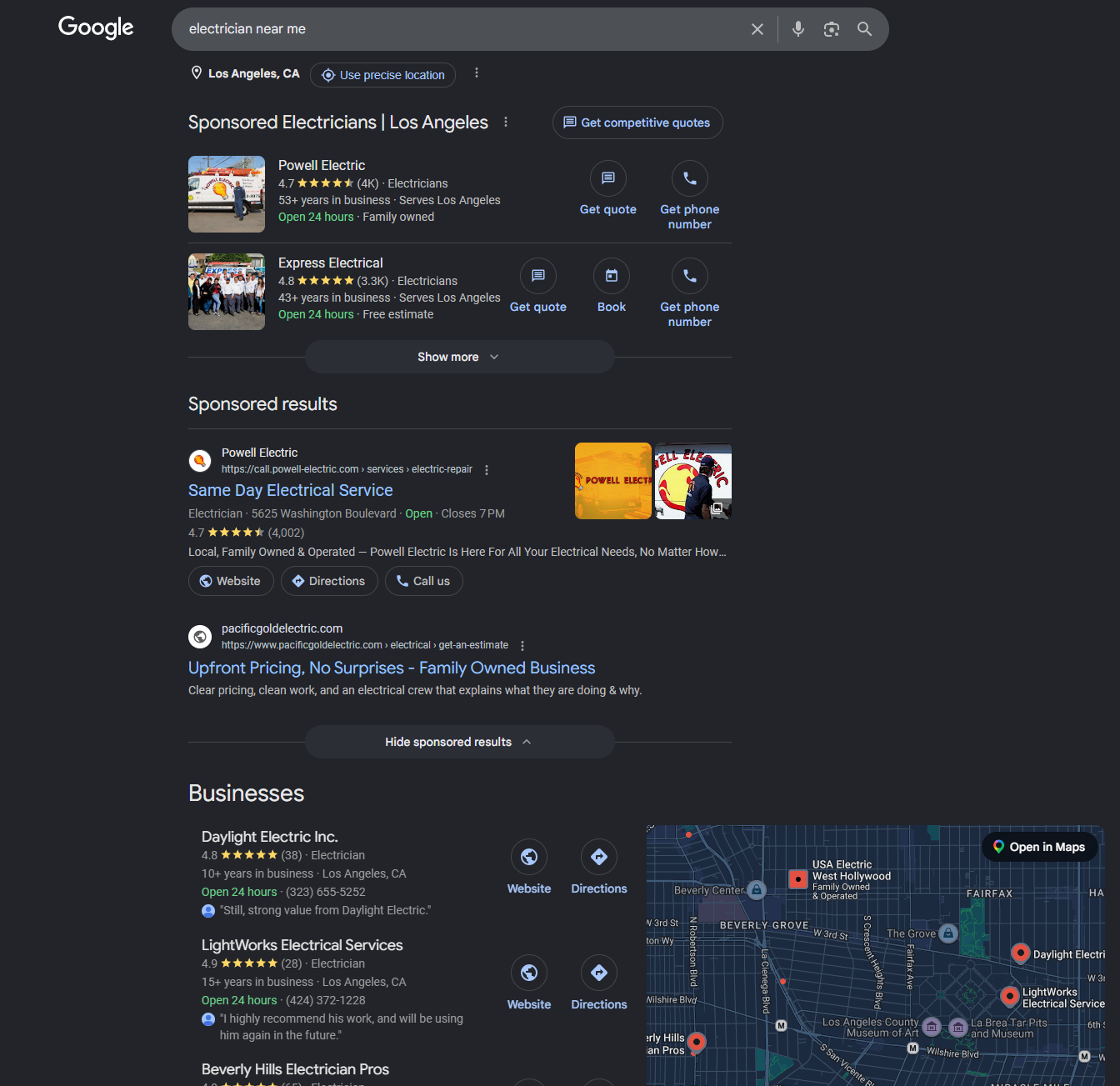  Local search results for electrician showing the three-pack and organic listings