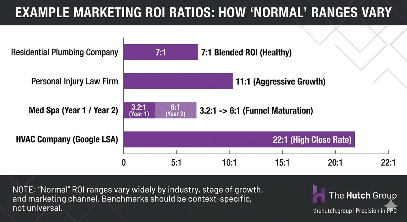 Comparison of marketing ROI benchmarks across home services, legal, med spa, and HVAC