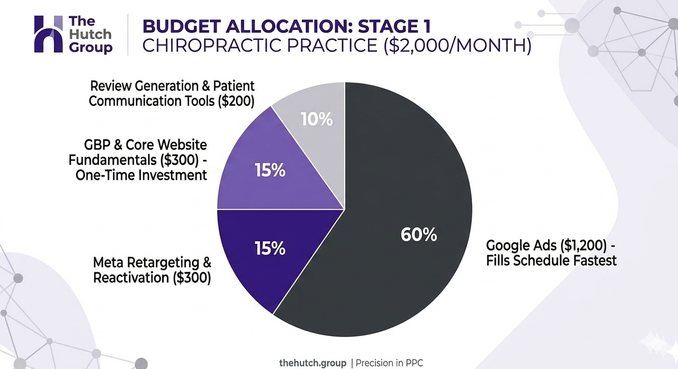 Recommended monthly marketing budget allocation for a Stage 1 chiropractor.