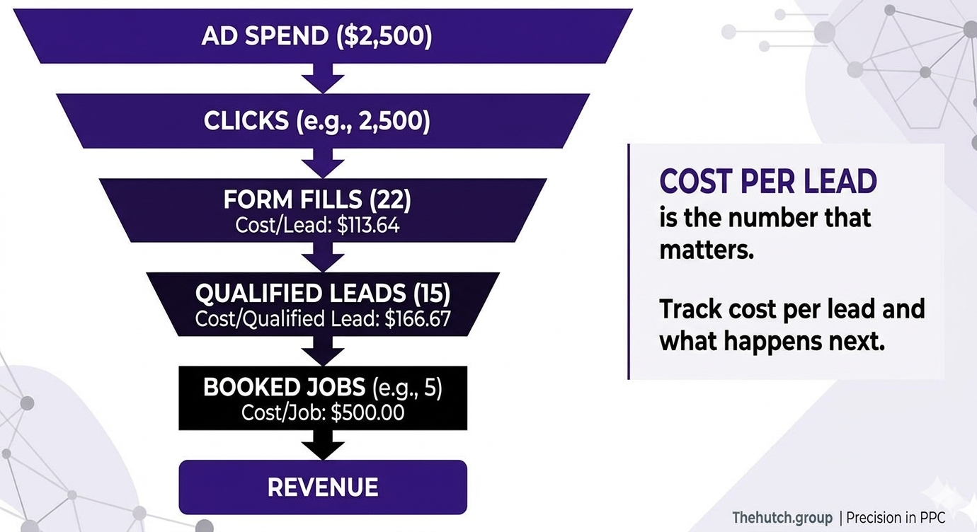 Funnel showing how Facebook ad spend converts from clicks to qualified leads to booked revenue