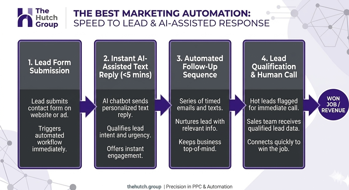 Diagram of an AI-assisted speed-to-lead follow-up sequence for a small business