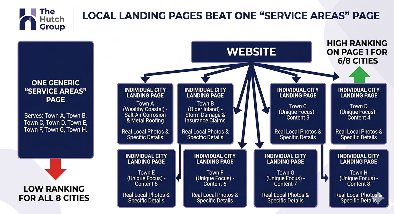 Diagram comparing a single service area page to multiple local landing pages for small business SEO