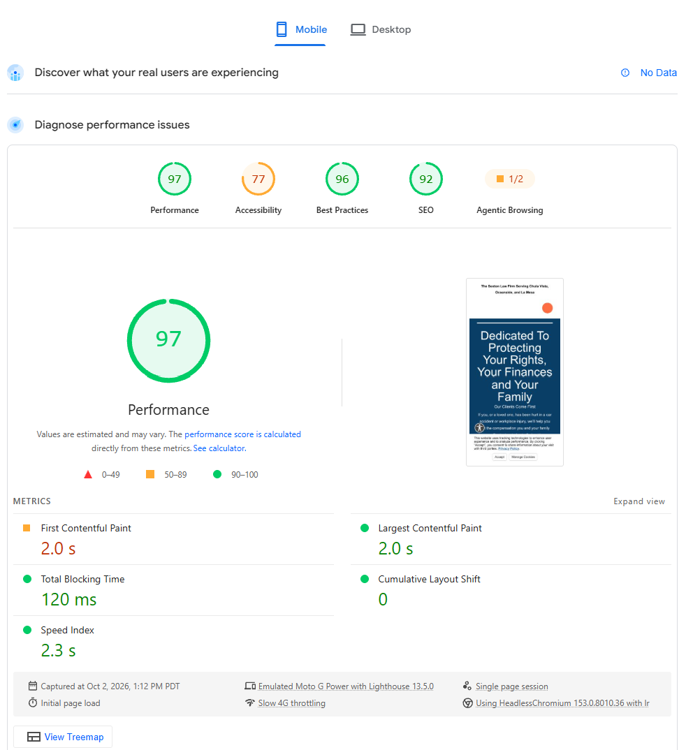 Google PageSpeed Insights mobile report for a law firm homepage showing Core Web Vitals scores