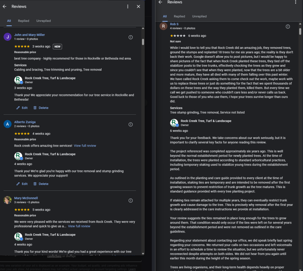Google Business Profile review response example showing professional tone for positive and negative reviews