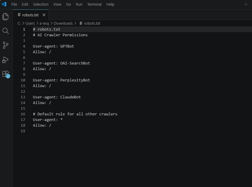 Example robots.txt file configured to allow AI crawlers including GPTBot, OAI-SearchBot, PerplexityBot, and ClaudeBot